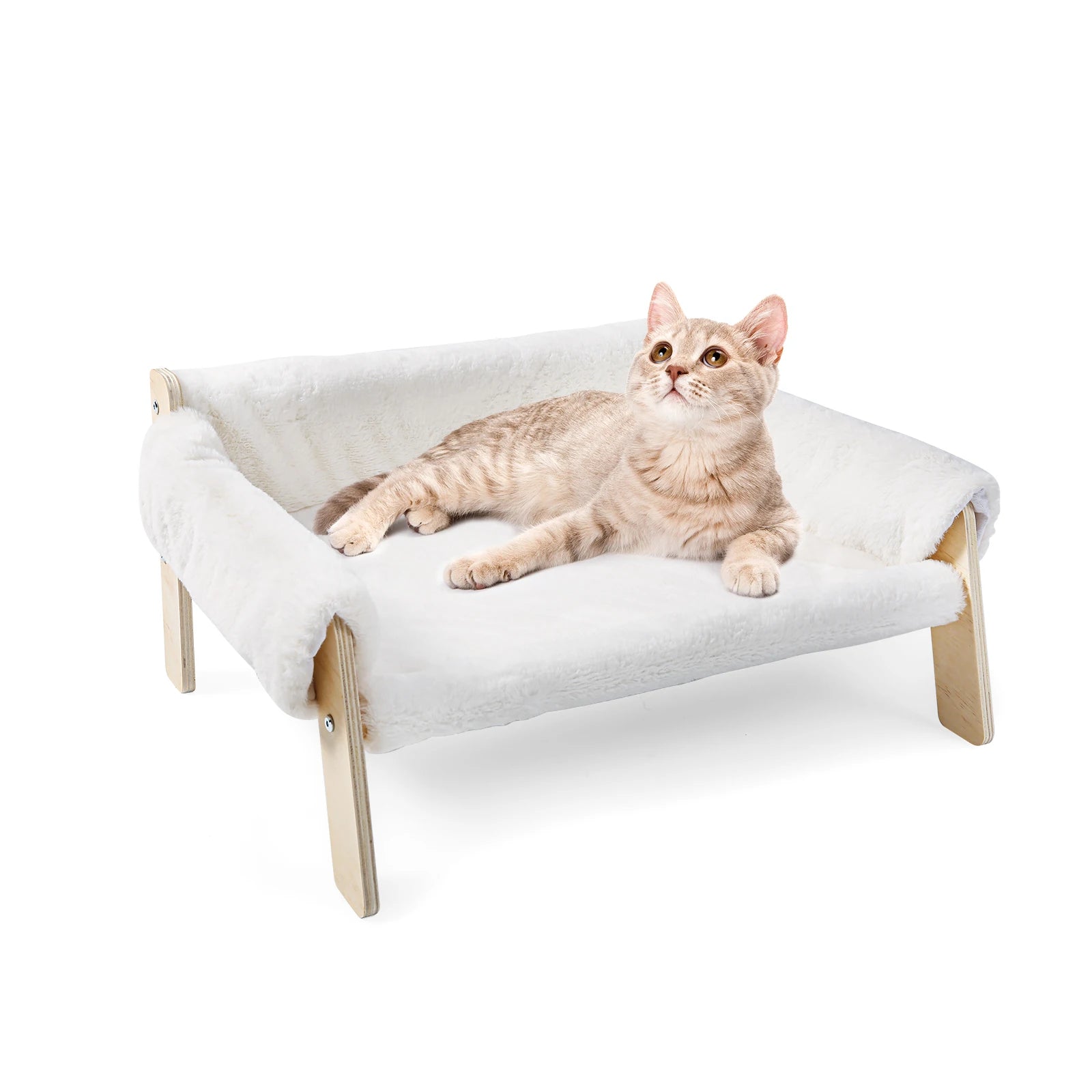 Large Plush Cat Bed Raised Wooden Sofa for Indoor Cats & Kittens