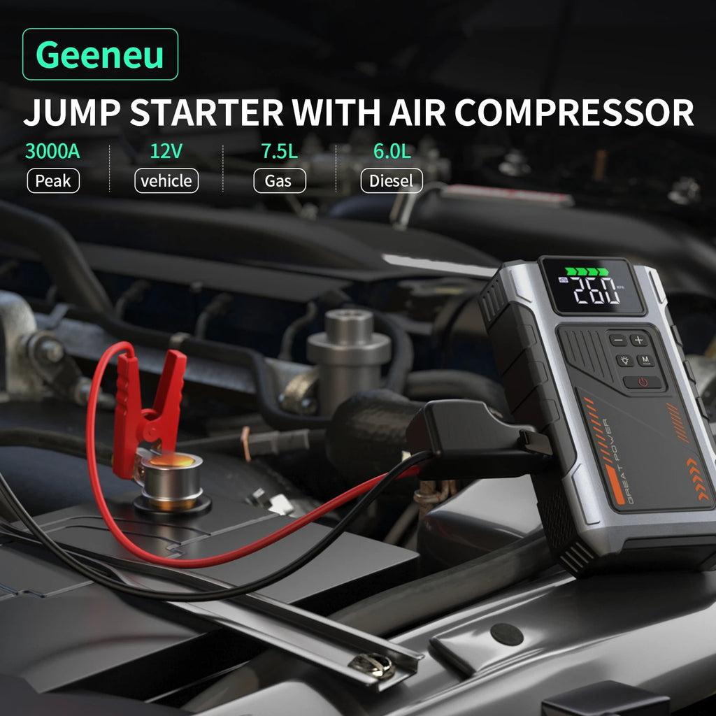 Portable Car Jump Starter With Air Compressor, 3000A Peak(7.5L Gas, 6.5L Diesel)