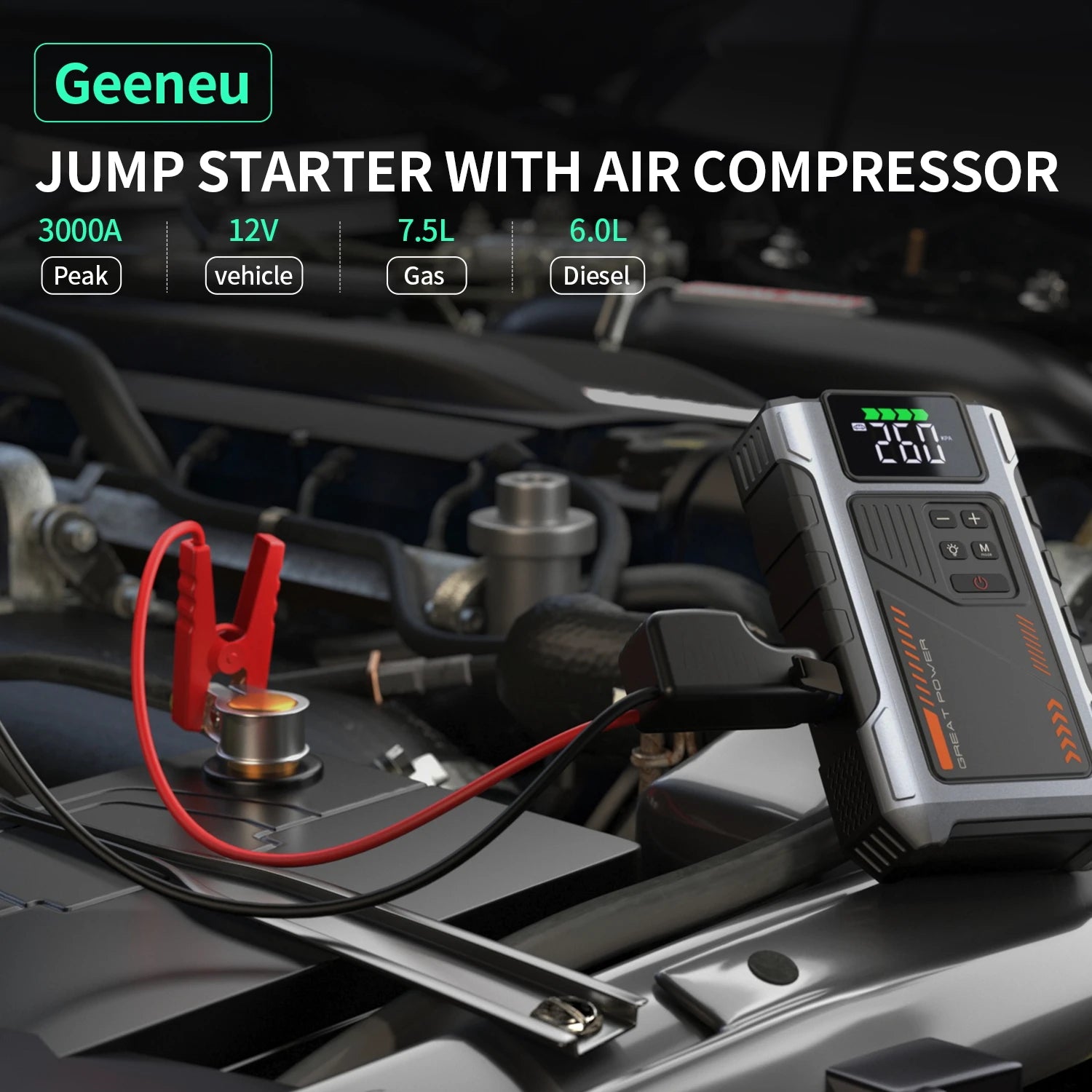 Portable Car Jump Starter With Air Compressor, 3000A Peak(7.5L Gas, 6.5L Diesel)