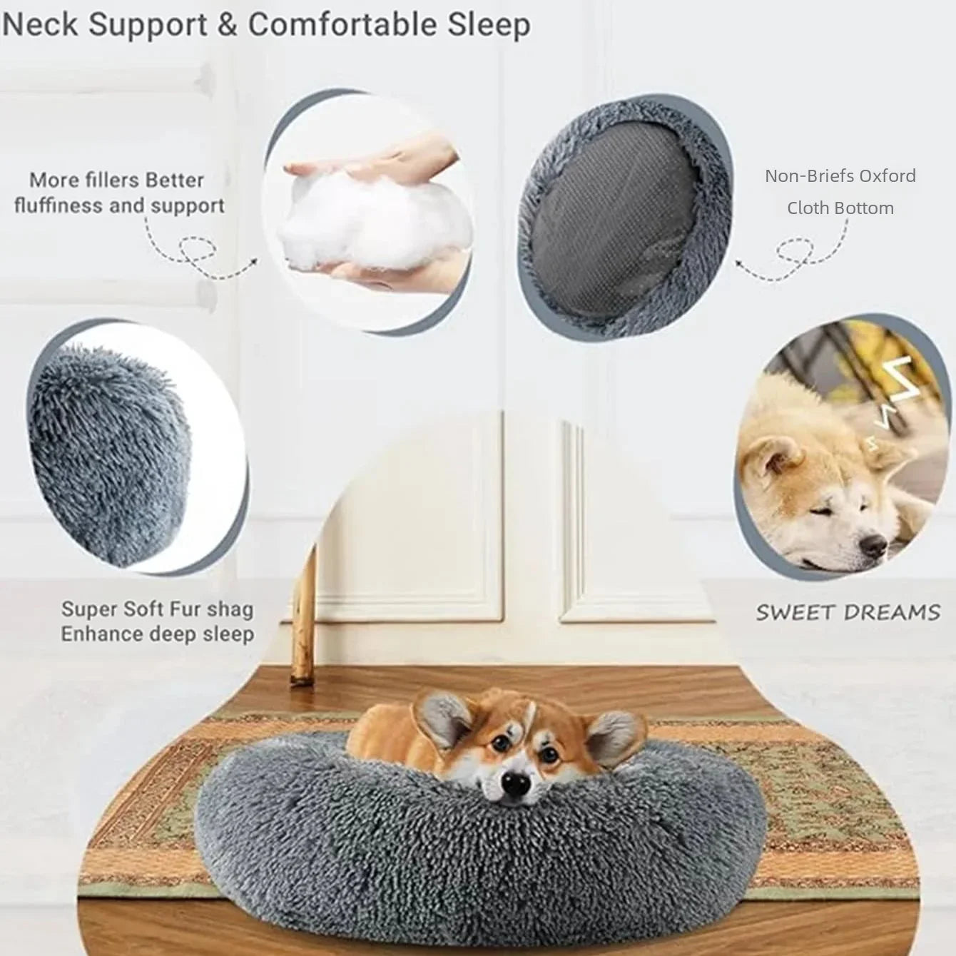 Round Plush Pet Bed – Soft Cozy Dog & Cat Bed for Small to Large Pets