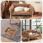 Large Plush Cat Bed Raised Wooden Sofa for Indoor Cats & Kittens