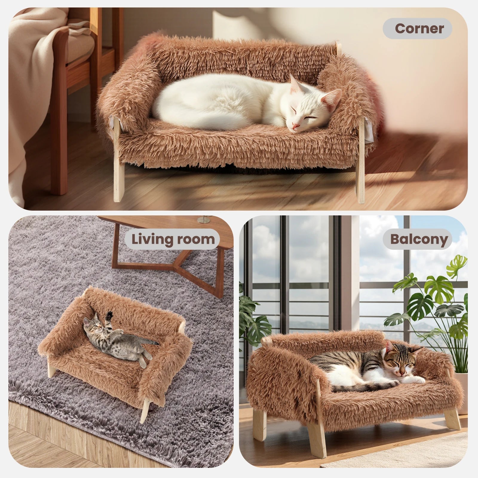 Large Plush Cat Bed Raised Wooden Sofa for Indoor Cats & Kittens