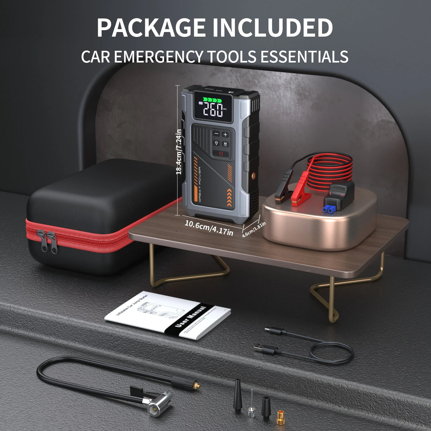 Portable Car Jump Starter With Air Compressor, 3000A Peak(7.5L Gas, 6.5L Diesel)