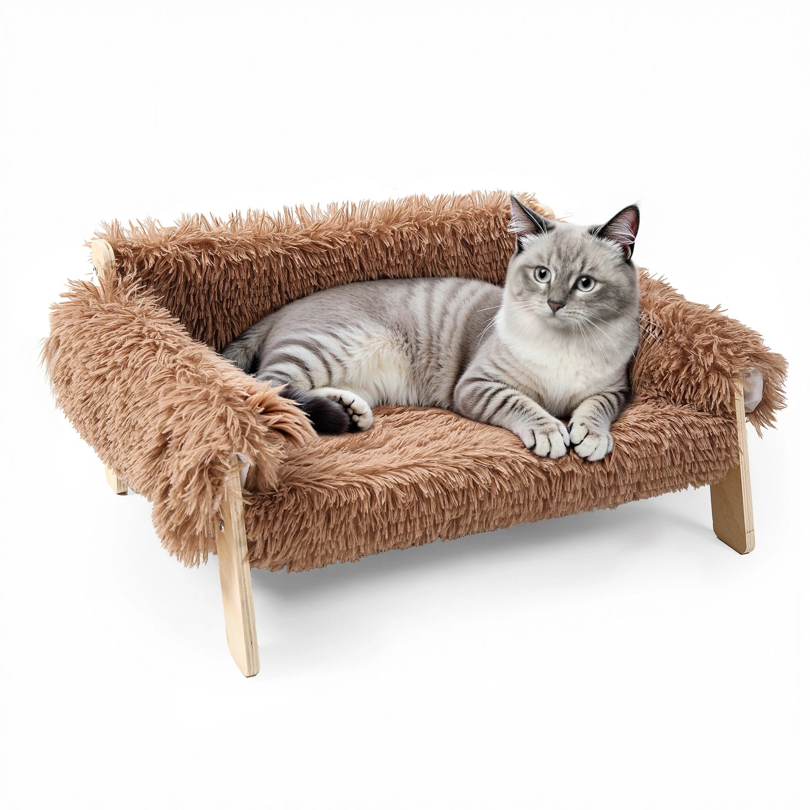 Large Plush Cat Bed Raised Wooden Sofa for Indoor Cats & Kittens