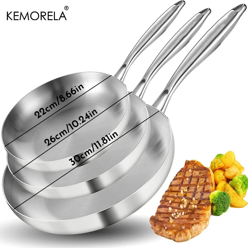 3PCS Frying Pan 304 Stainless Steel 2MM Thick Wok Pan