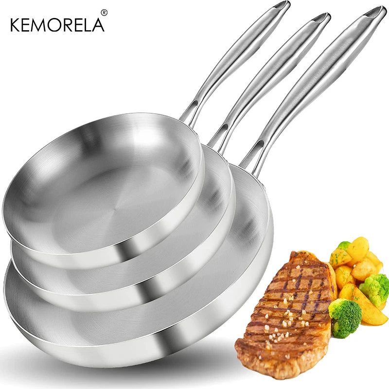3PCS Frying Pan 304 Stainless Steel 2MM Thick Wok Pan