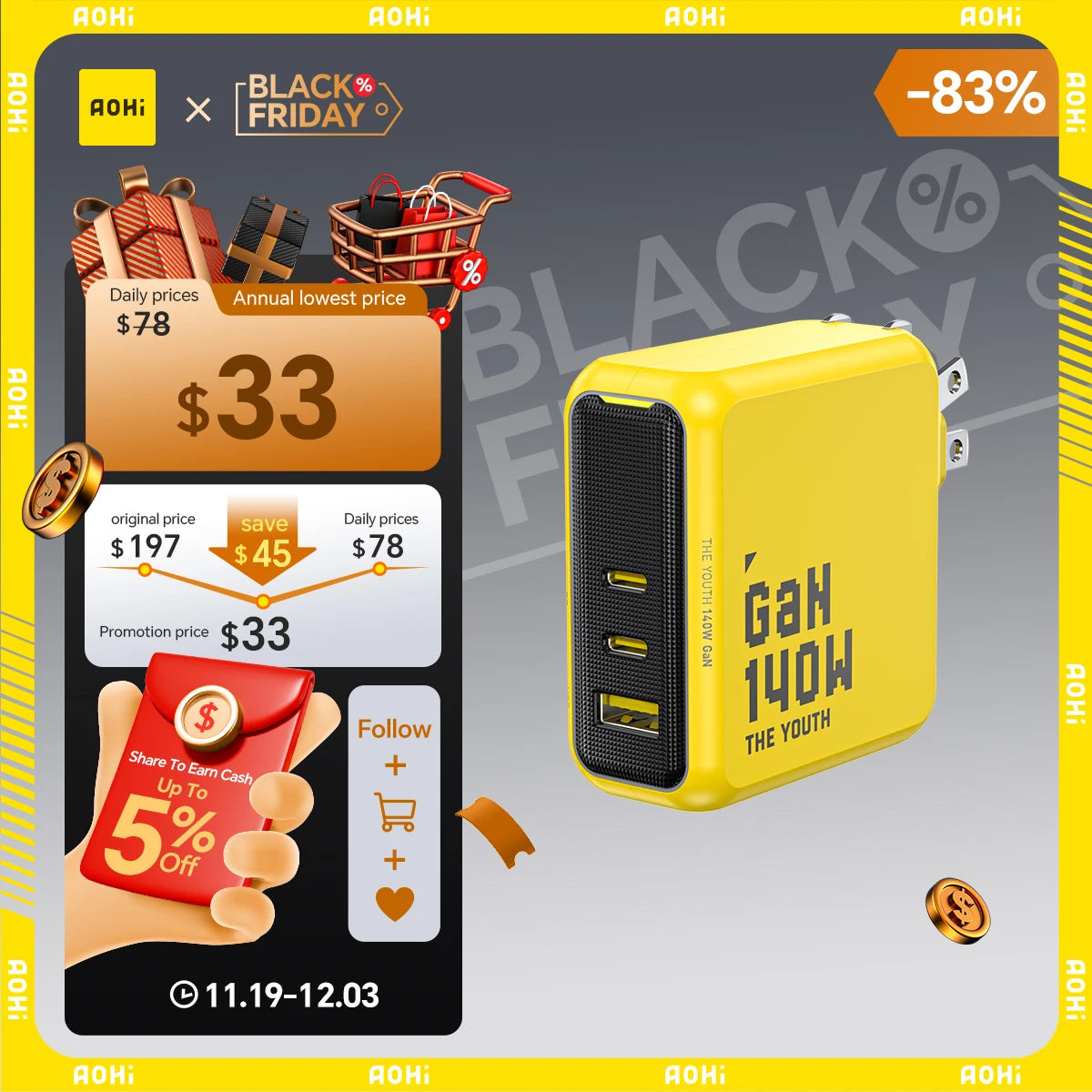 AOHI 140W GaN Charger PD3.1 3-Port USB-C Fast Charger for MacBook, iPhone & Tablets