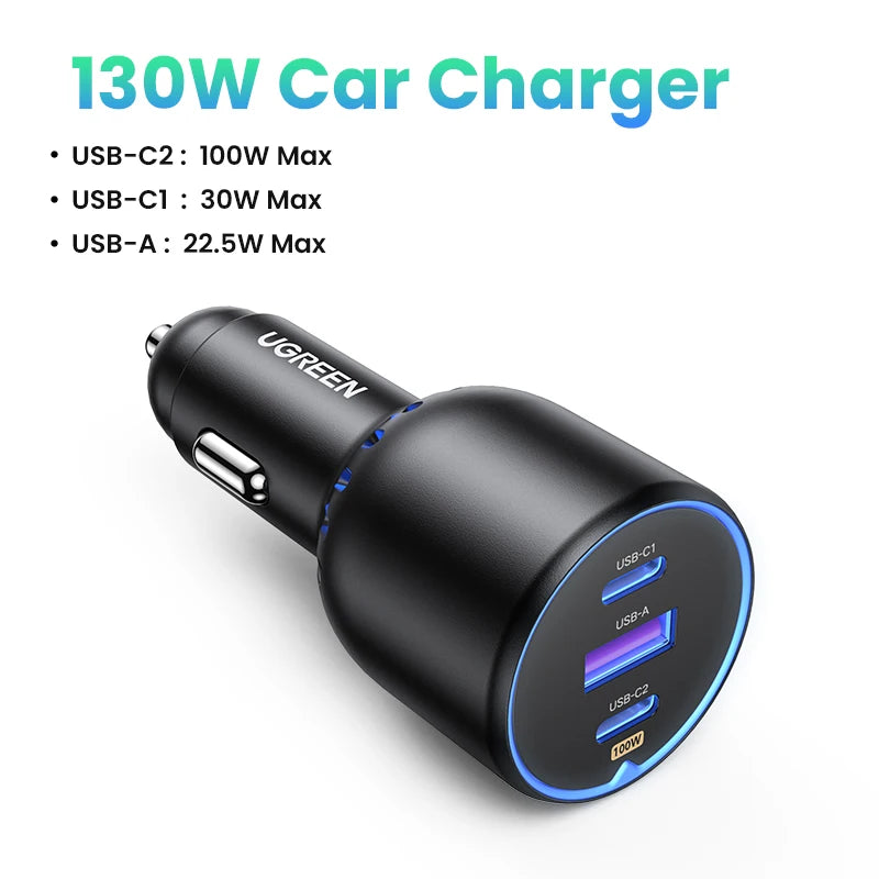 UGREEN 130W Car Charger USB-C PD Fast Charging for Smartphones & Laptops
