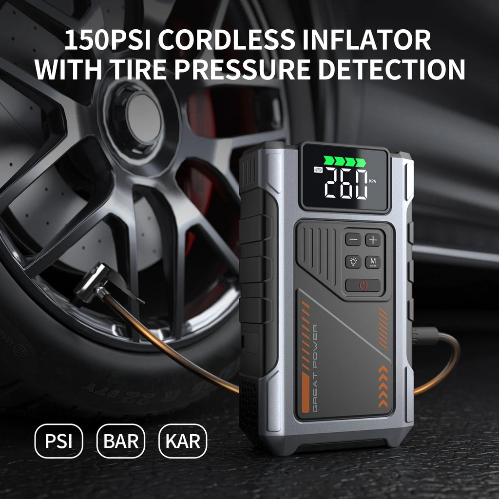 Portable Car Jump Starter With Air Compressor, 3000A Peak(7.5L Gas, 6.5L Diesel)